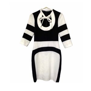 Tenax Jersey Bodycon Dress Black White Color Block Tie Neck Stretch Italy 42 6 S
